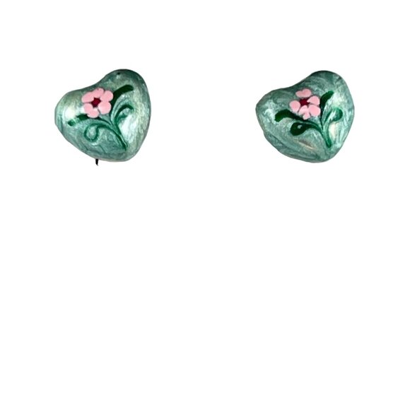 Handmade Italian Enamel Heart Earrings With Pink Flowers In Velvet Box - Picture 8 of 8